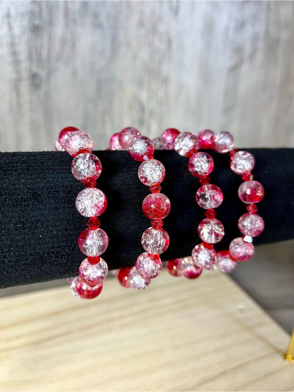 Red & Clear Crackle Glass Bead Bracelet One/Single Handmade Stretchy Band O/S